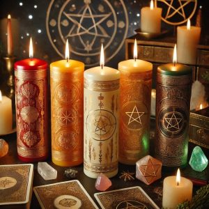 Velas de diferentes colores en un ambiente esotérico para la noche mágica de San Juan